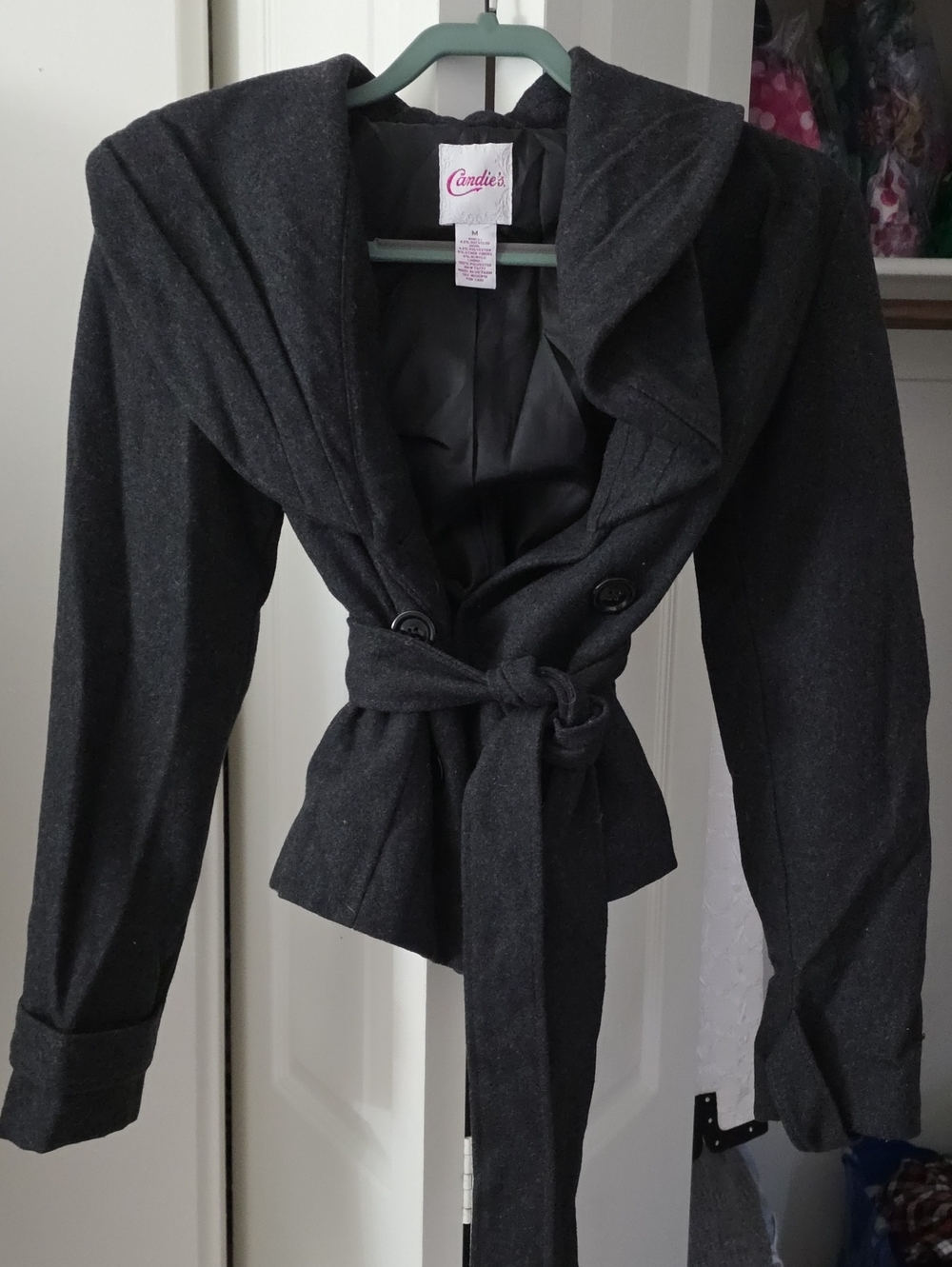 Candie's Dark Charcoal Tie-Waist Pea Coat Wool Sz M